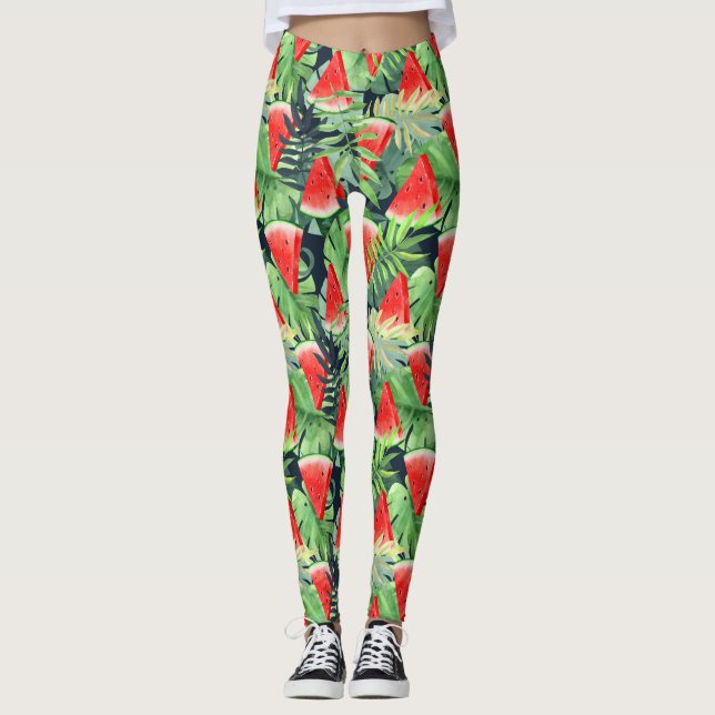Leggings Tranches de pastèque avec feuilles tropicaux (Devant)