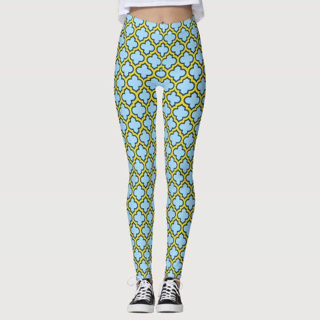 Leggings Trellis bleu et jaune, treillis, Quatrefoil (Devant)