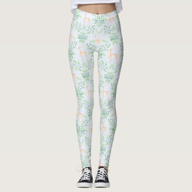 Leggings Trellis bleu et vert Holly avec Cerf (Devant)