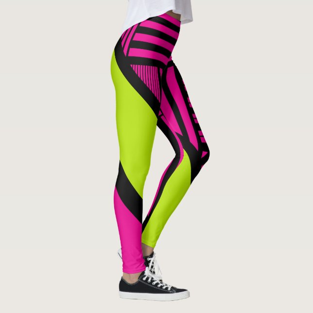Leggings Triangle rayures en vert citron, rose chaud et noi (Droite)