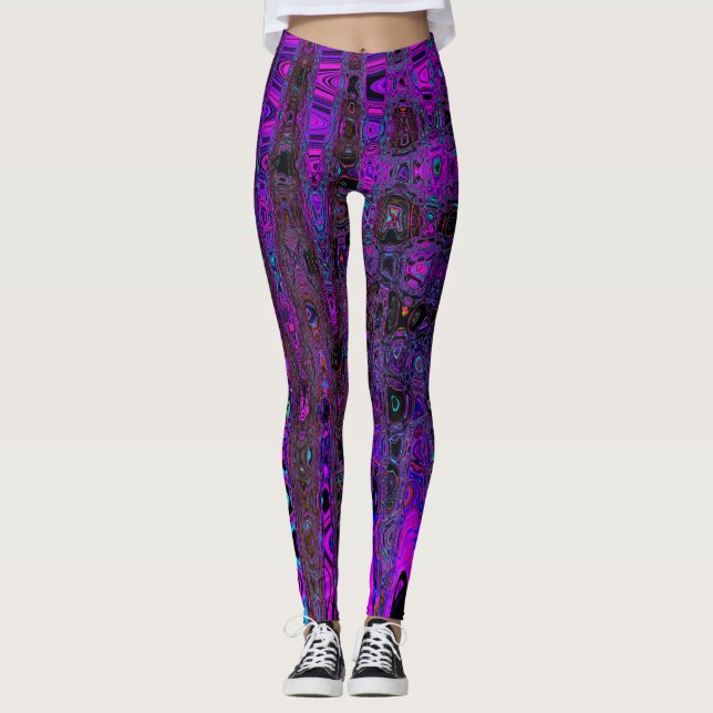 Leggings Trippy violet et noir rétro ondes atomiques (Devant)