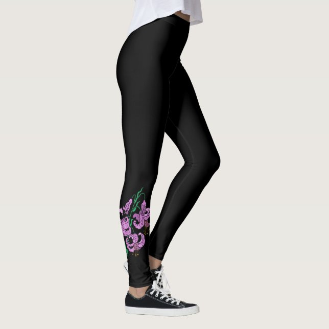 Leggings Trois fleurs violettes ~ Arrière - plan noir ~ Uni (Droite)