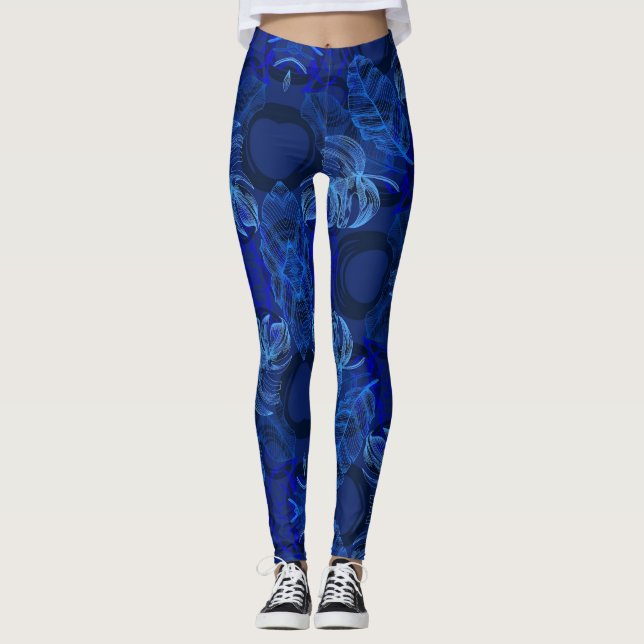 Leggings Tropical Bleu Nuit Néon Feuilles Botaniqu (Devant)
