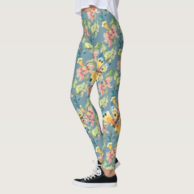 Leggings Tropical Blue Butterfly Exotic Flower Motif (Gauche)