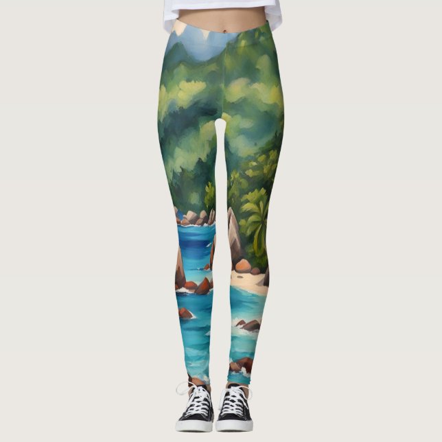 Leggings Tropical Green and Blue Seychelles Beach (Devant)