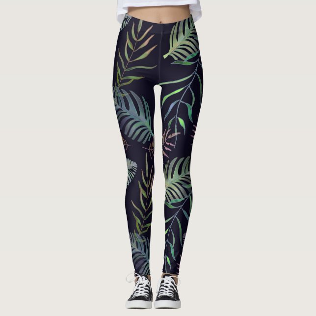 Leggings Tropical green folios palmiers bleu marine (Devant)