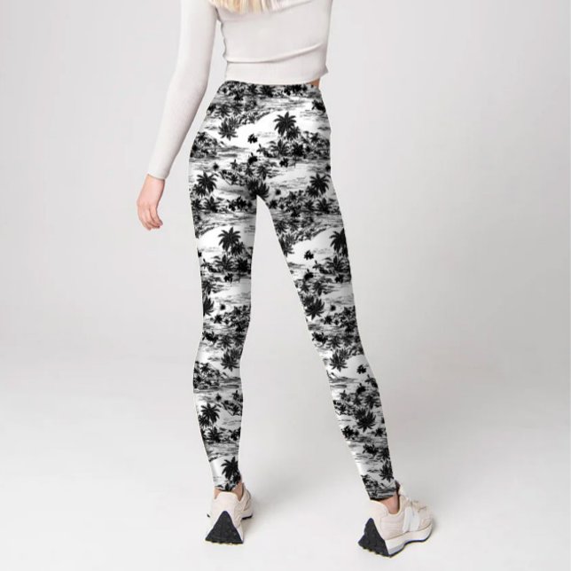 Leggings Tropical moderne noir et blanc sur l'île Haiwaii (Modern tropical black and white haiwaiian trendy printed leggings.)