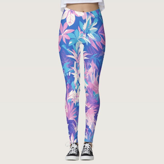 Leggings 🌺 Tropical Pink & Blue Floral Pattern - Fresh & V (Devant)