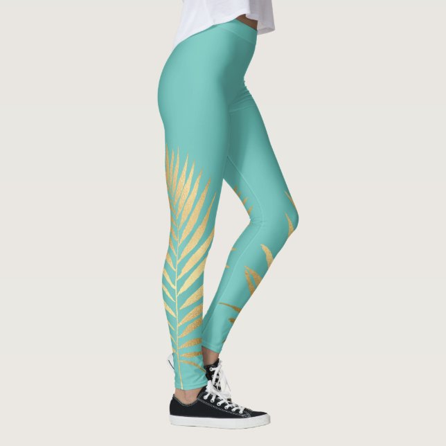 Leggings Tropical Shimmer Gold Palm Feuilles doux Aqua bleu (Droite)