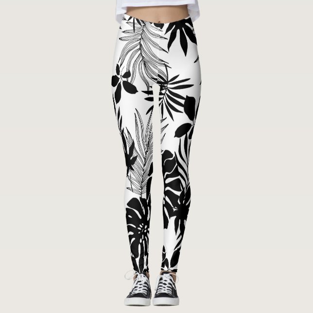 Leggings Tropiques Noires et Blancs : Nature Silhouettée (Devant)