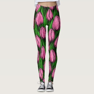 Leggings Tulières roses avec feuilles verts