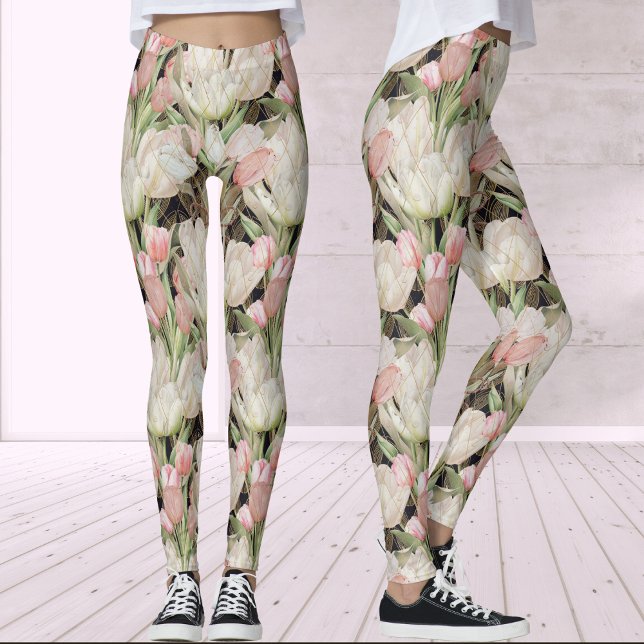 Leggings Tulipes élégantes et noires modernes avec Motif or (Créateur téléchargé)