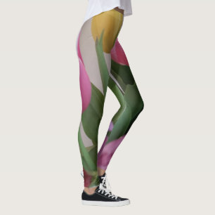 Leggings Tulipes Vert rose Fleurs Jaunes Jambes Florales