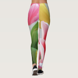 Leggings Tulipes Vert rose Fleurs Jaunes Jambes Florales