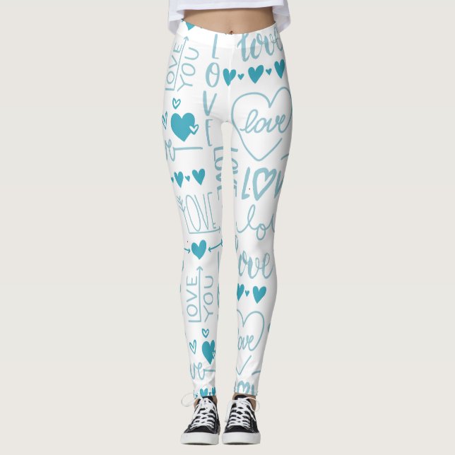 Leggings Turquoise Amusement et Amour Moderne et Coeurs (Devant)