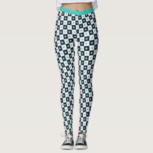 Leggings Turquoise Black White Stars Carré Motif Fitness