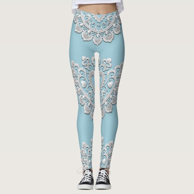 Leggings Turquoise Bleu Blanc Dentelle Coeur Mariage Nuptia (Devant)