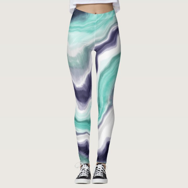 Leggings Turquoise, Bleu et Marbre blanc (Devant)