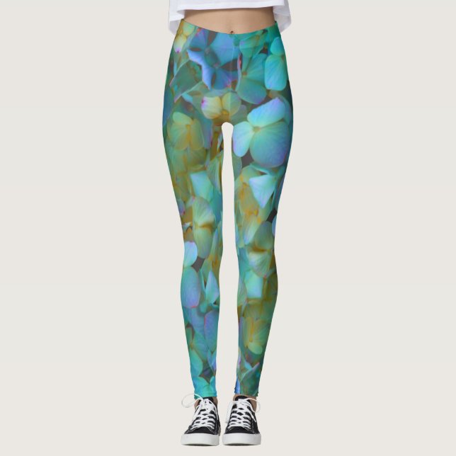 Leggings Turquoise bleu jaune rose hydrangée fleurs florale (Devant)