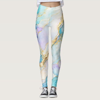 Leggings Turquoise Bleu Violet Or Marbre Floral Abstrait