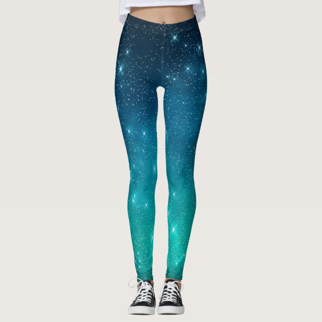 Leggings Turquoise et bleu dégradé céleste étoilé  (Devant)