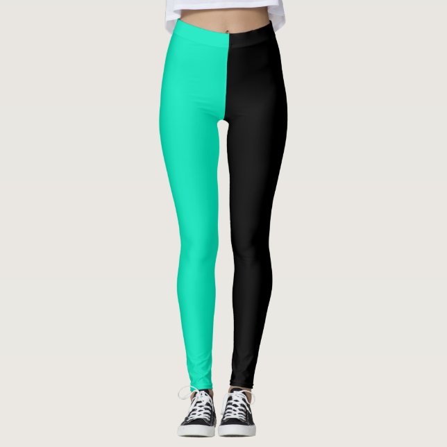 Leggings Turquoise Noir Deux Tons Fractionné Moitié Design (Devant)