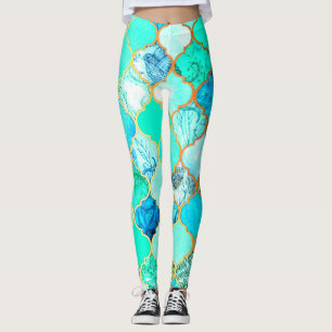 Leggings Turquoise, Or, Motif de sirène bleu vert
