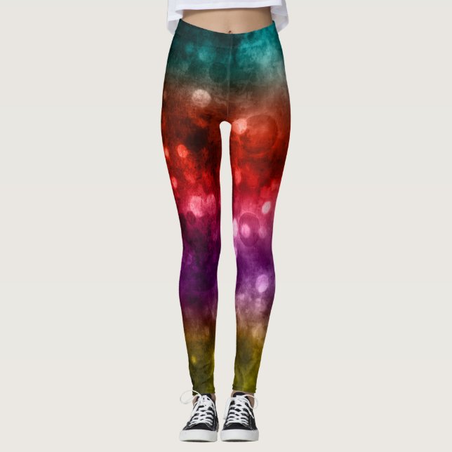 Leggings Turquoise, rouge, pourpre et Chartreuse Bokeh Abst (Devant)
