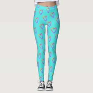 Leggings Turquoise Tendance Motif Abstrait de Cœurs Arc-en-
