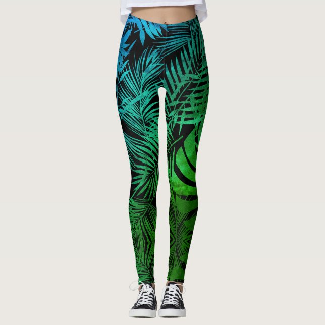 Leggings Turquoise vert ombre tropicale feuille de palmier  (Devant)