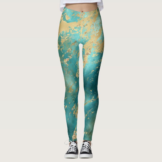 Leggings  Turquoise Vert Or Marbre Abstrait Moderne  (Devant)
