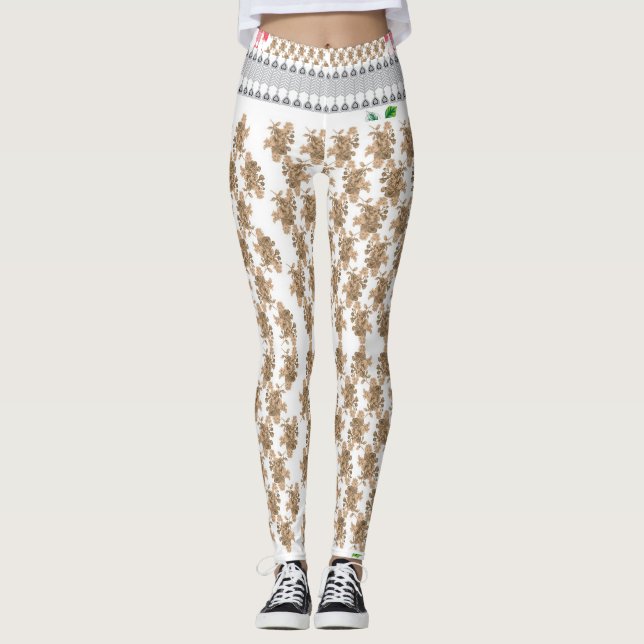 Leggings un arrière - plan blanc avec des fleurs marron (Devant)