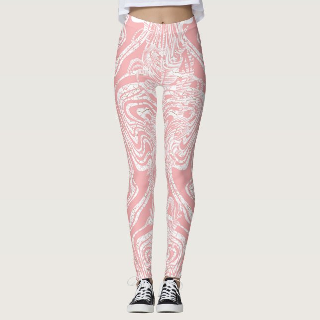 Leggings un design abstrait rose et blanc sur un fond blanc (Devant)