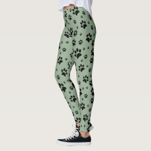Leggings Un joli Black sur Sage Green Empreintes de pattes