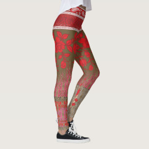 Leggings un motif à croix avec fleurs rouges et vignes