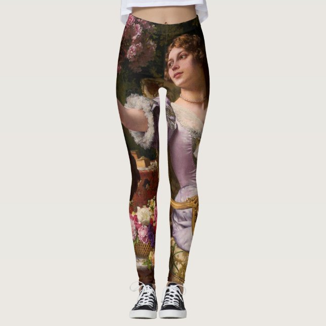 Leggings Une Dame En Robe Lilac Avec Fleurs (Devant)