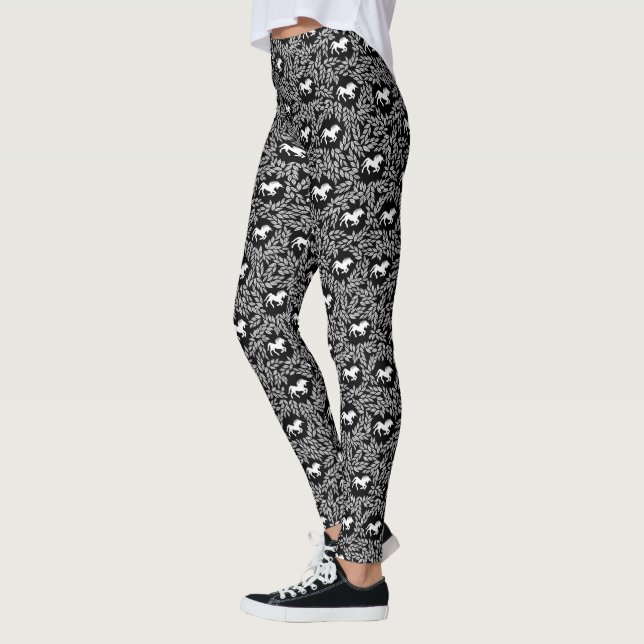 Leggings Unicorne noire et blanche et Motif feuille (Gauche)