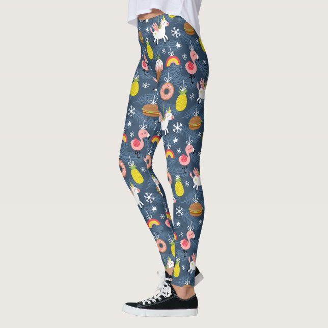 Leggings Unicornes de Noël amusants et Flamants roses Motif (Gauche)