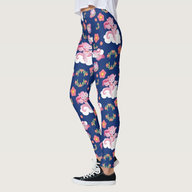 Leggings Unicornes roses mignonnes et motifs floraux (Gauche)