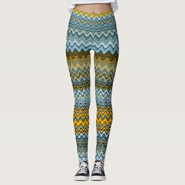 Leggings Unique Motif jaune et bleu ondulé (Devant)