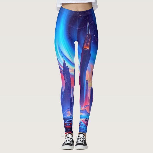 Leggings urbains futuristes | Vibes Neon Skyline (Devant)