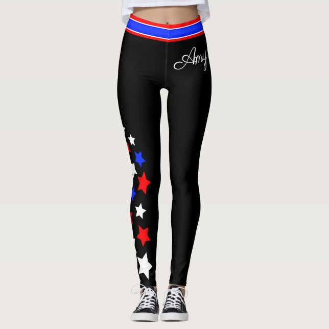 Leggings USA - Red White and Blue Stars (Votre nom) (Devant)