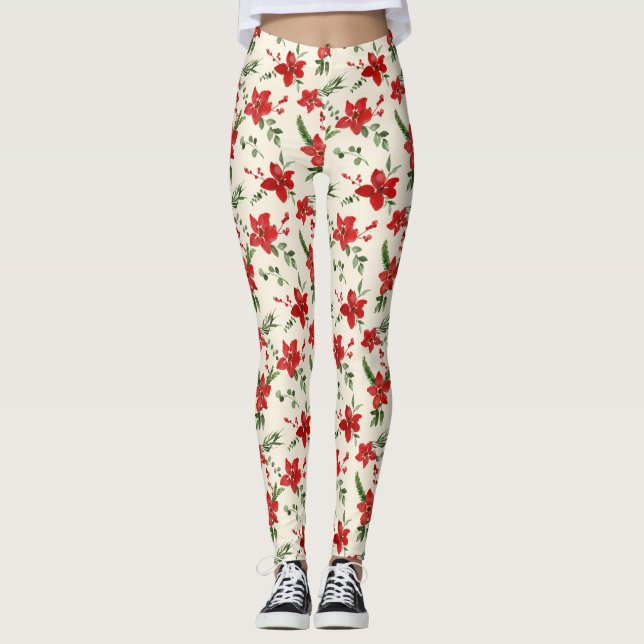 Leggings Vacances Green Holly Rouge Floral Motif de Noël  (Devant)