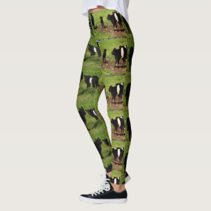 Leggings Vache blanche laiteuse à ceinture noire,
