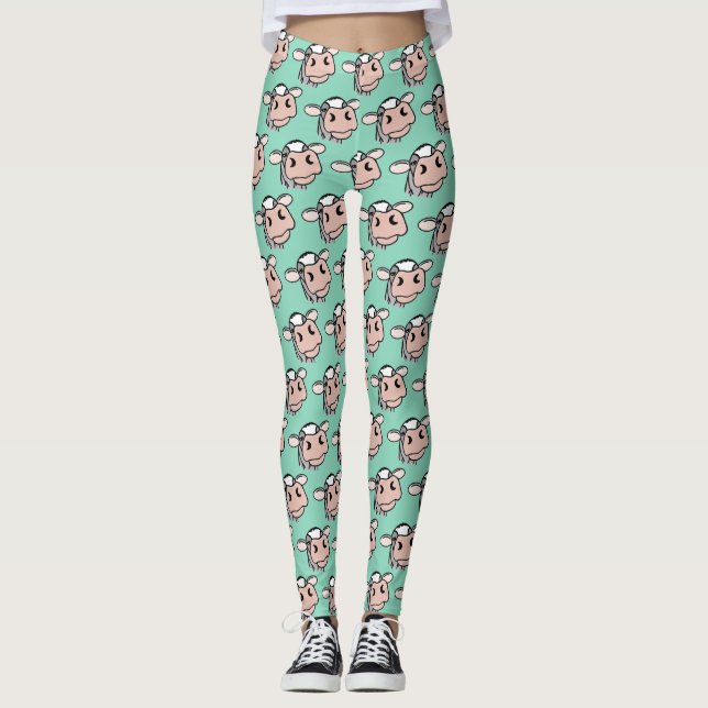 Leggings vache de dessin animé noir blanc rose baiser gris  (Devant)