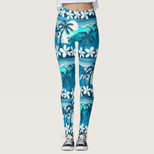 Leggings Vague tropicale de surf avec des palmiers
