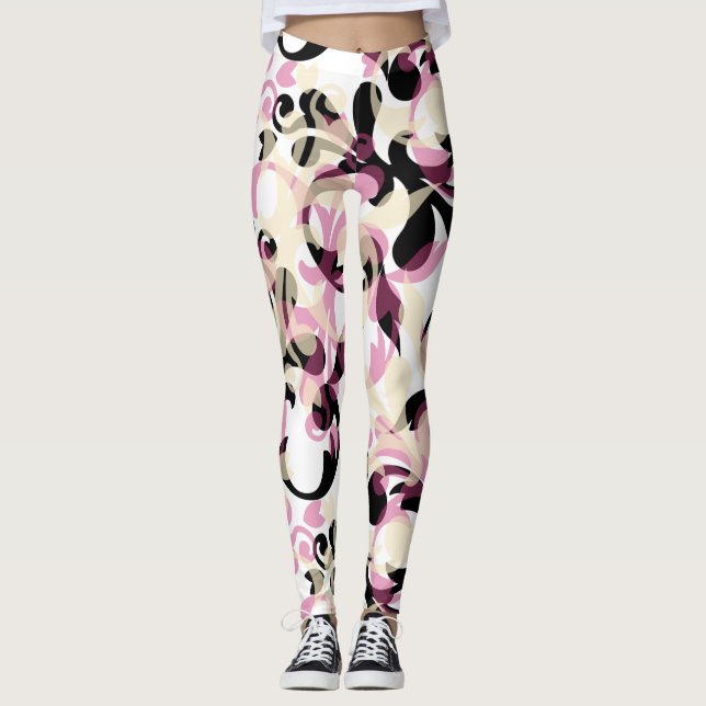Leggings Vagues Abstraites de couleur noire rose (Devant)
