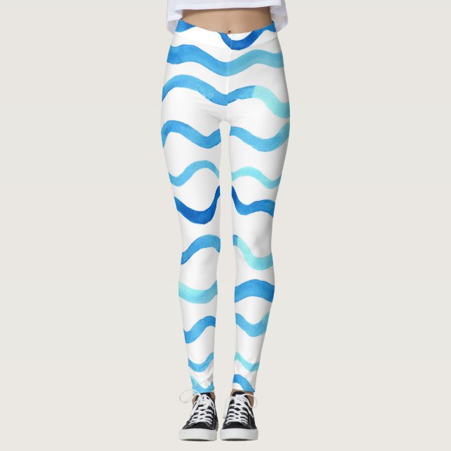 Leggings Vagues Aquarelle : bleu turquoise sans joint. (Devant)