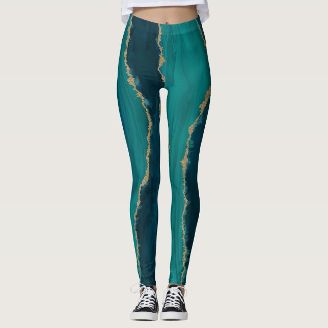 Leggings Vagues d'agate sarcelle – Marbre abstrait avec or (Devant)