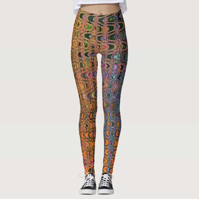 Leggings Vagues de boomerang rétro orange et aqua abstraite (Devant)